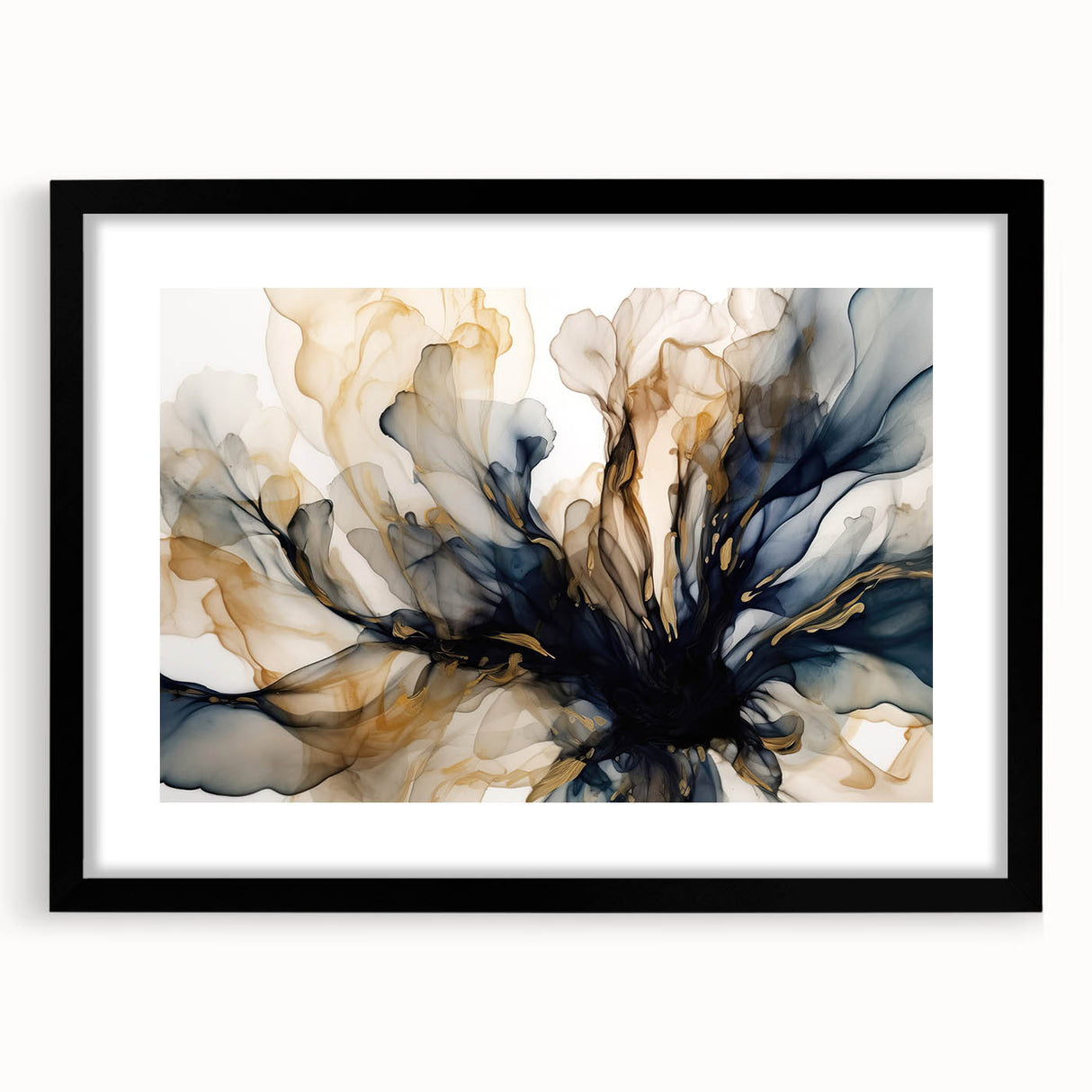 Abstract floral wall art framed in black with a white mat, showcasing vibrant colors and intricate designs, perfect for modern home decor.