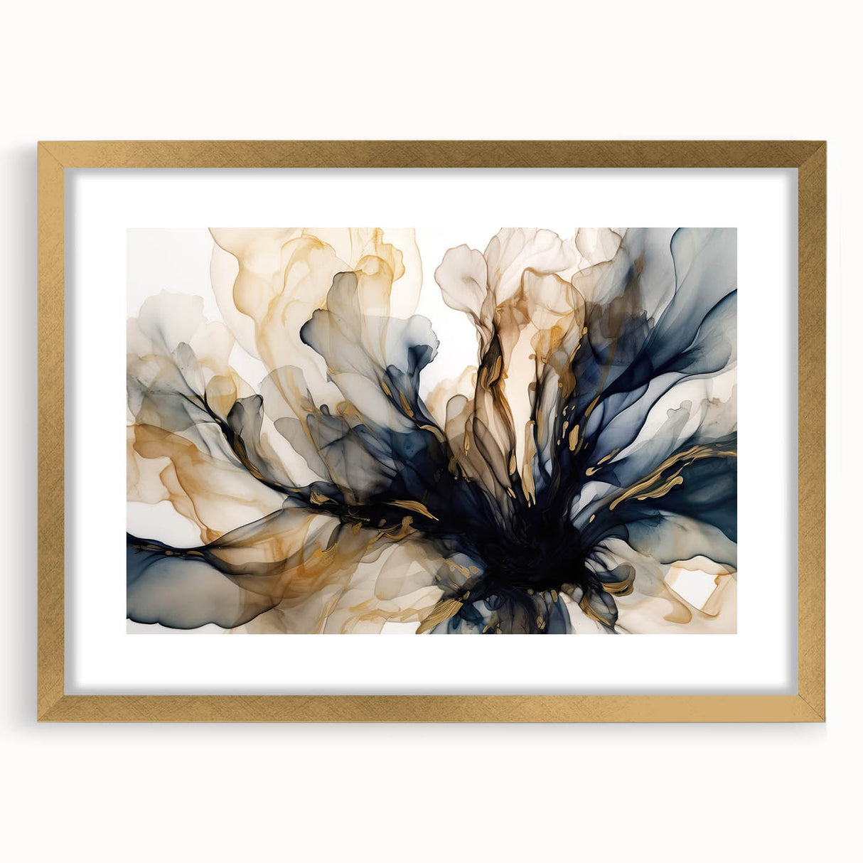 Abstract floral wall art framed with a gold border and matting, showcasing vibrant colors and intricate designs, ideal for home decor enhancement.