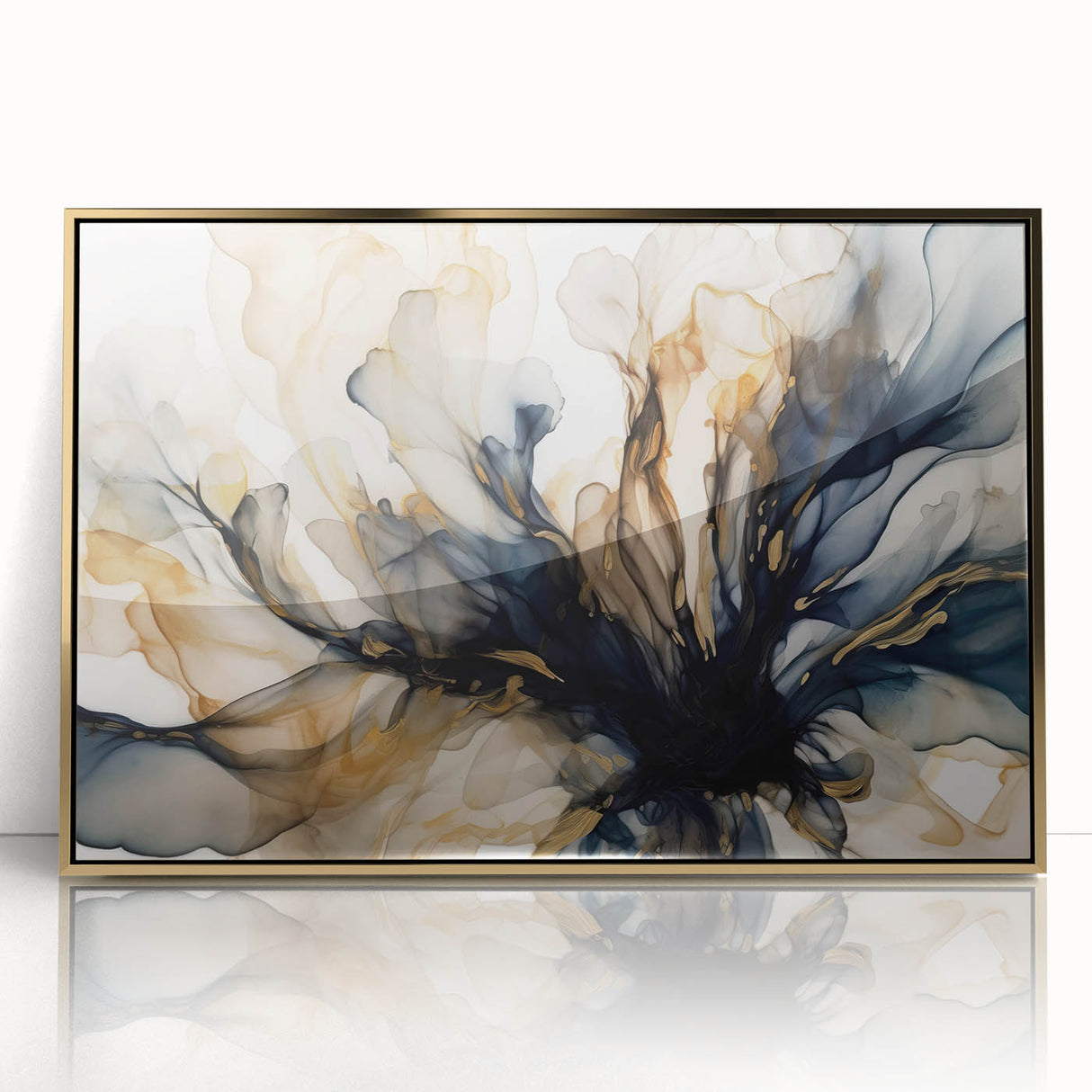 Framed abstract floral wall art in a gold-acrylic finish, showcasing vibrant colors and intricate designs that enhance modern decor and aesthetics.