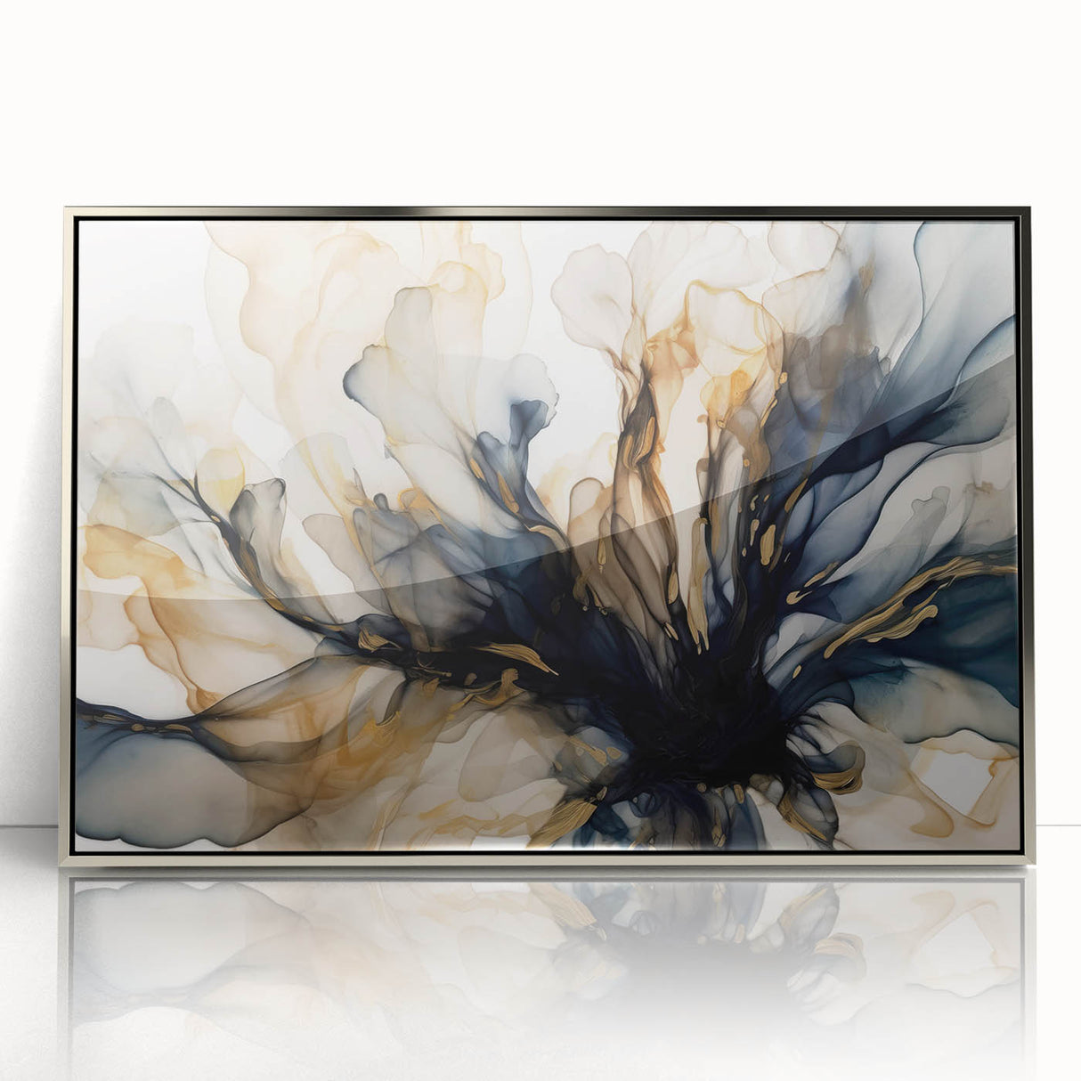 Framed abstract floral wall art featuring vibrant colors and intricate designs, set in a sleek silver frame, perfect for modern home decor or office settings.