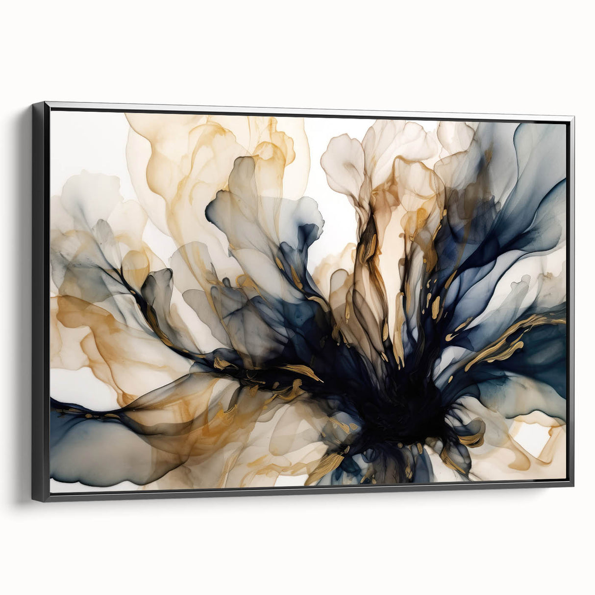Framed abstract floral wall art featuring vibrant colors and intricate designs on a black canvas, displayed at an angle to showcase its depth and texture. Ideal for modern home decor.