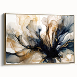 Framed canvas wall art showcasing an abstract floral design in vibrant colors, accented with gold detailing. Perfect for modern home decor, this artwork adds elegance and sophistication to any space. The side view highlights its dimensionality and frame, ideal for enhancing living rooms or offices.