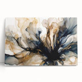 Abstract floral wall art canvas featuring vibrant colors and intricate patterns, elegantly leaning against a neutral-toned wall, perfect for modern home decor.