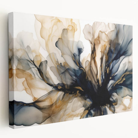 Abstract floral wall art on a stretched canvas, showcasing vibrant colors and intricate patterns, viewed from the side to highlight its depth and texture, perfect for home decor.