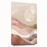 Abstract landscape wall art displayed in a sleek acrylic glass frame, showcasing vibrant colors and fluid shapes, perfect for modern interior decor.
