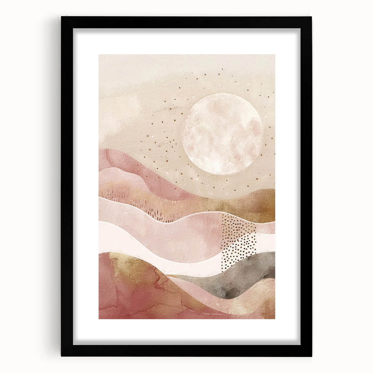 Abstract landscapes wall art framed in black with a white mat, showcasing a vibrant blend of colors and textures, ideal for modern home decor.