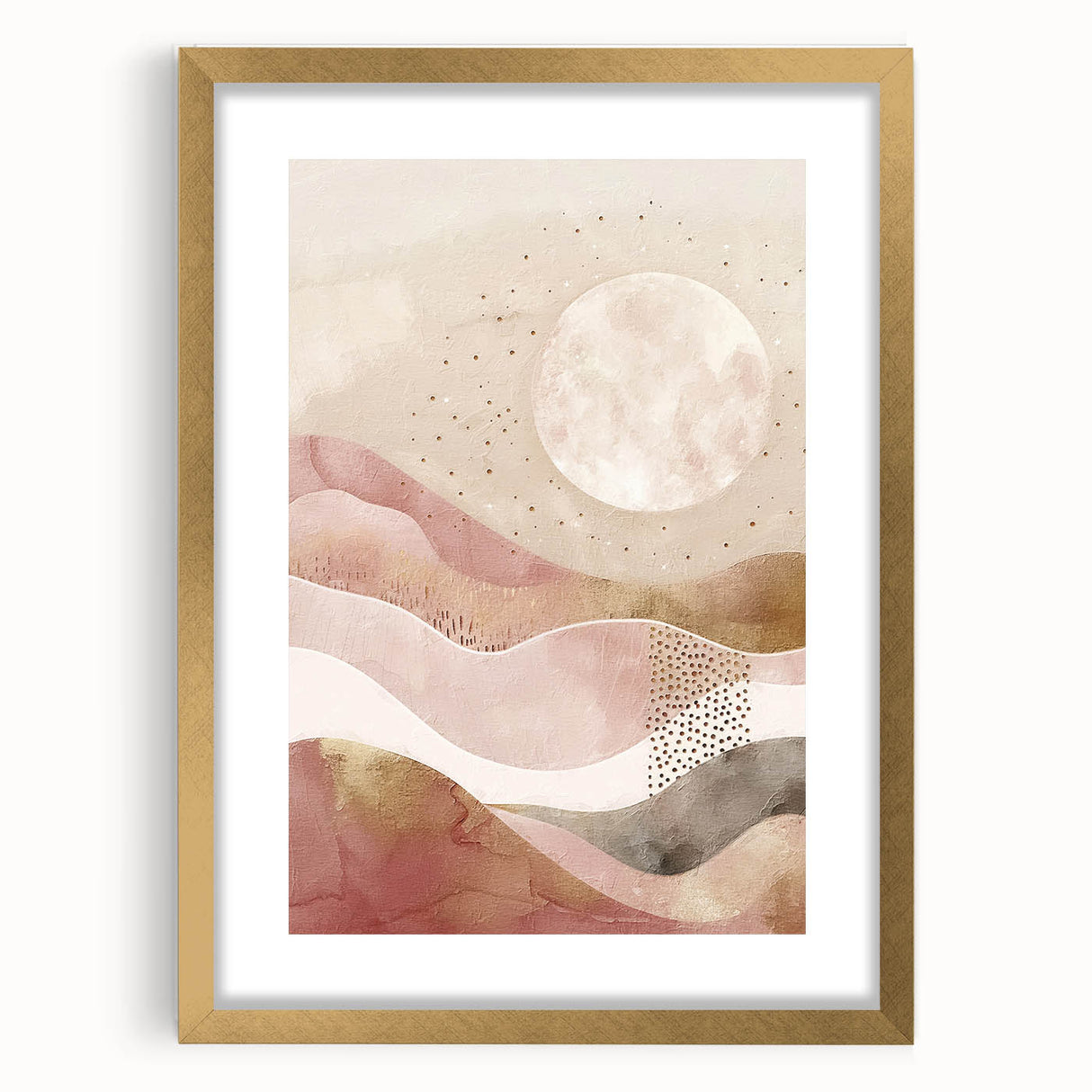 Abstract landscape wall art framed in gold with a mat, showcasing vibrant colors and intricate textures, perfect for modern home decor or office spaces.