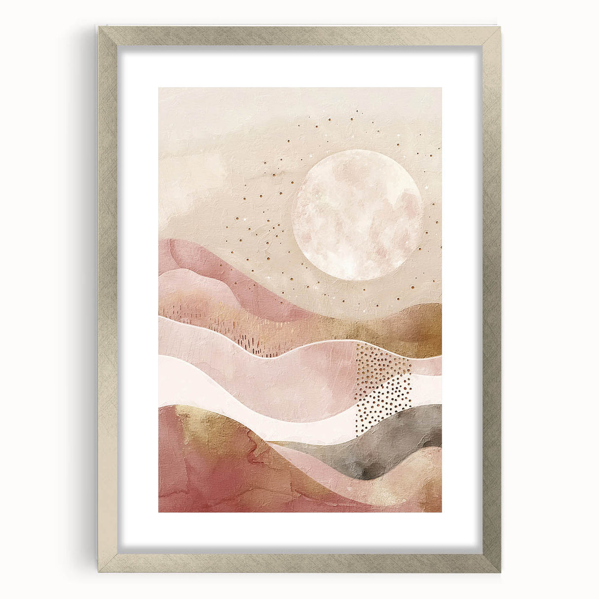 Abstract landscape wall art framed in silver with a mat, showcasing vibrant colors and modern design elements, perfect for enhancing contemporary interiors.