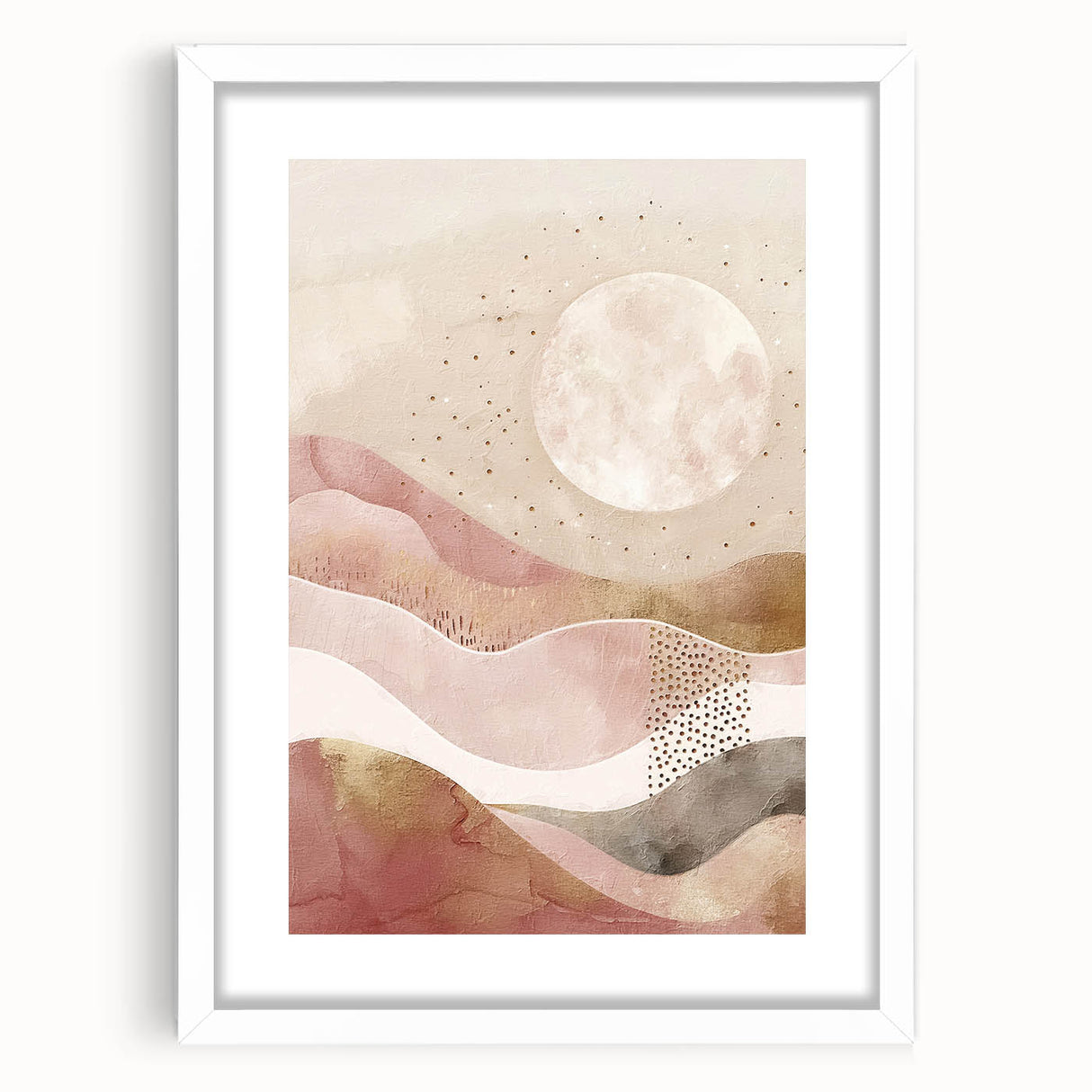 Abstract landscape wall art framed with a white mat, showcasing a blend of soft earth tones and dynamic shapes, perfect for modern home decor.