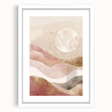 Abstract landscape wall art framed with a white mat, showcasing a blend of soft earth tones and dynamic shapes, perfect for modern home decor.