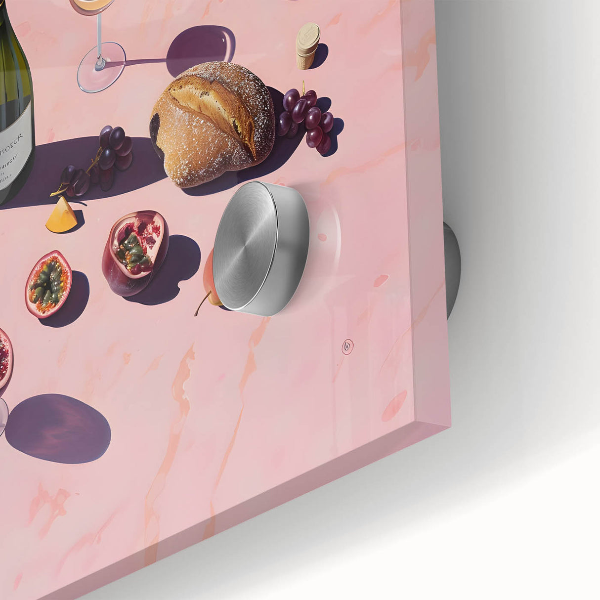 Large abstract wall art in mid-century modernist style, featuring vibrant hues on acrylic glass, ideal for dining room decor.