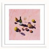 Abstract art print featuring swirling blue and green patterns on a white framed poster.