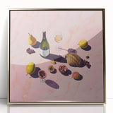 Large art print of a mid-century modernist food and drinks motif in gold tones, framed acrylic.