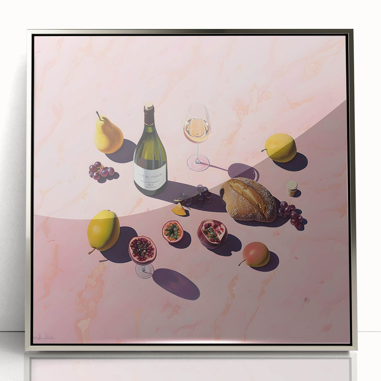 Mid-century modernist art deco poster featuring a stylized food and drinks design in silver acrylic frame.