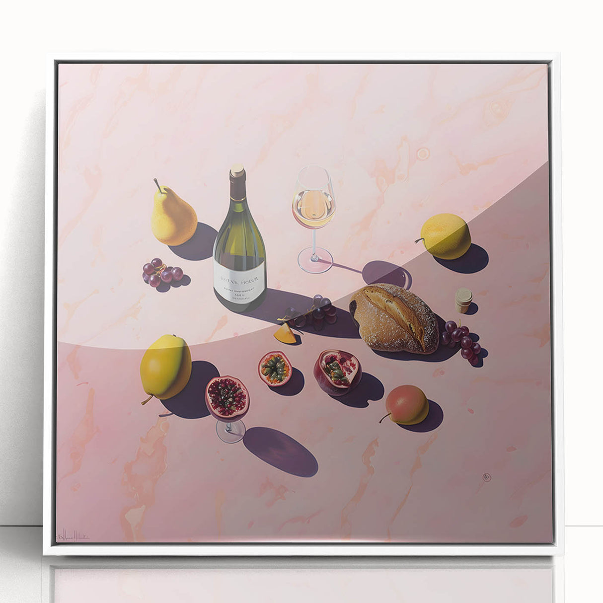 Art deco poster of food and drinks in bold black outlines on a white acrylic framed print, suited for modern kitchen decor.