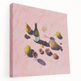 Large stretched canvas featuring an array of colorful fruit and vegetables, perfect for kitchen wall art.