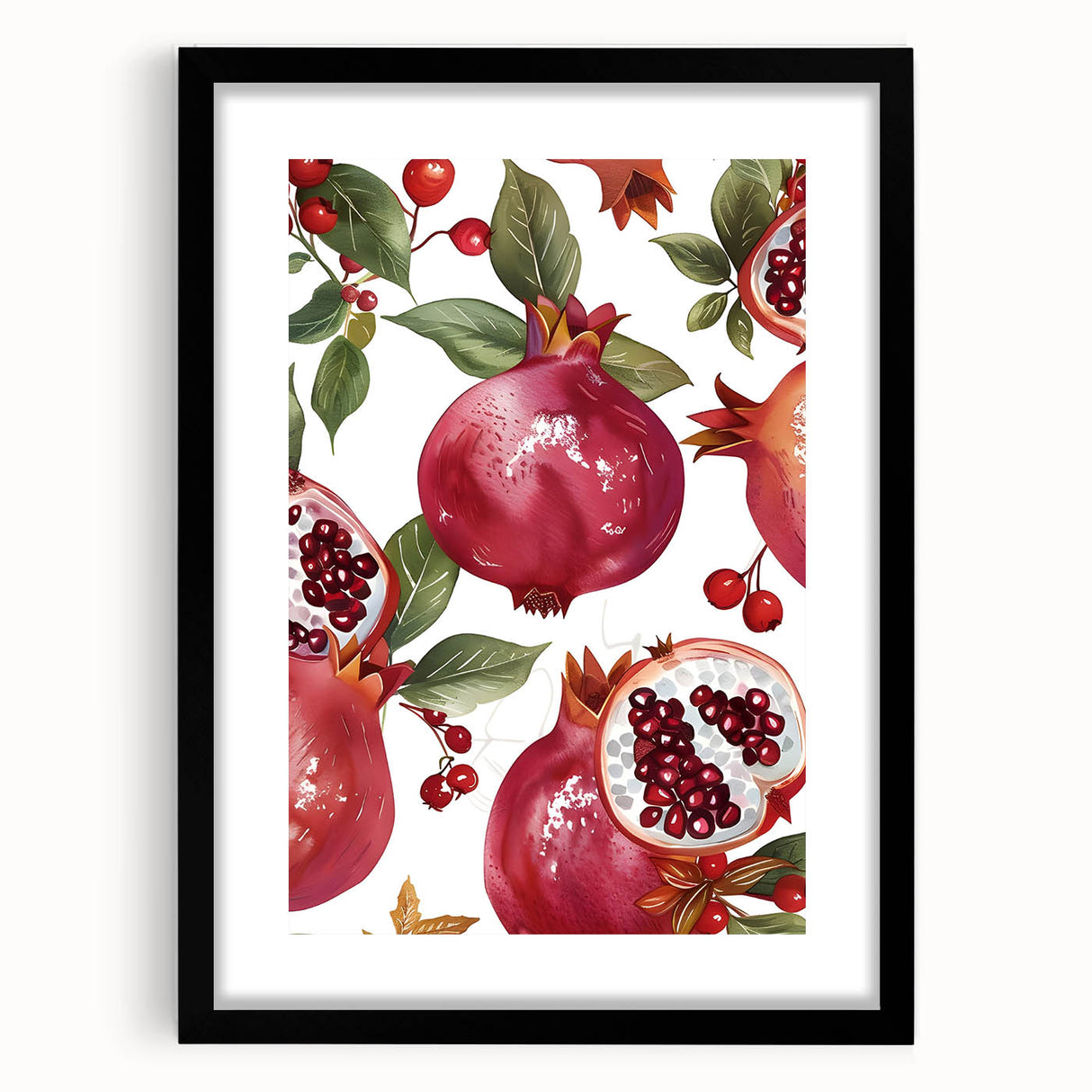 Extra large abstract art print featuring colorful, textured fruits, in a black frame with mat, ideal for living room decor.