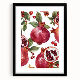 Extra large abstract art print featuring colorful, textured fruits, in a black frame with mat, ideal for living room decor.