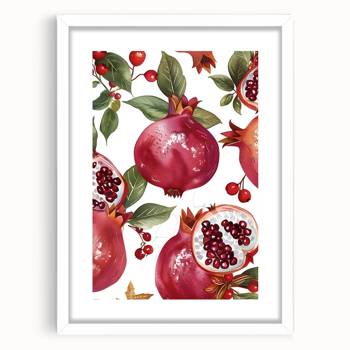 Abstract art print of assorted fruits in vibrant colors on a white framed mat, ideal for dining room decor.