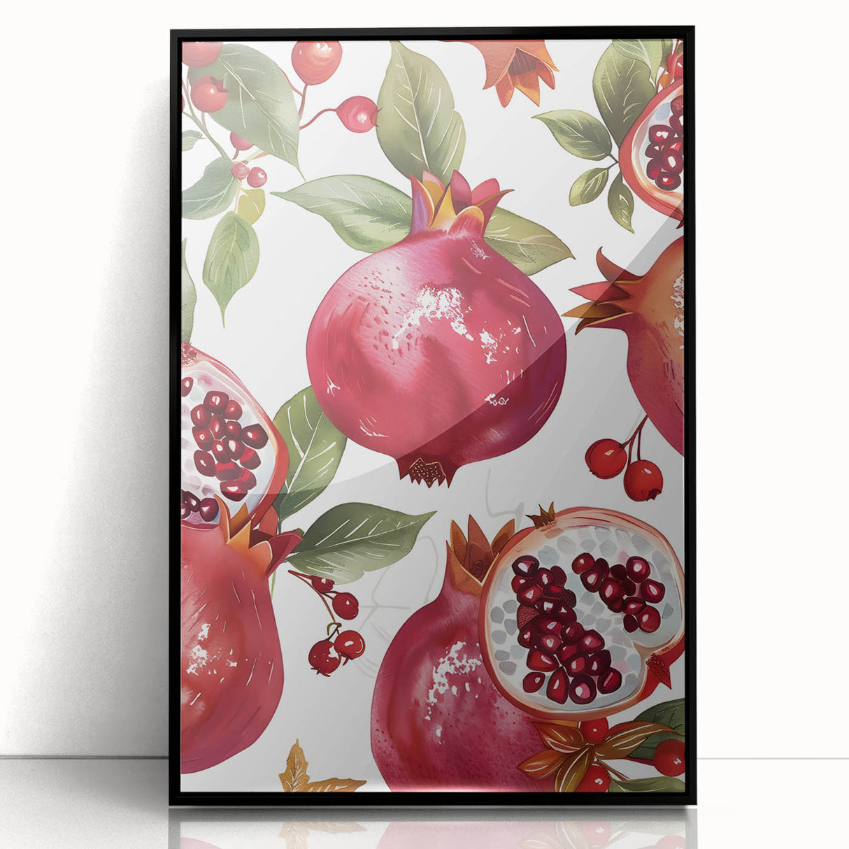 Large abstract wall art featuring a variety of fruits in bold colors on a black acrylic framed print.