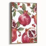 Framed canvas featuring a vintage poster of assorted fruits in muted gold and black tones, ideal for bedroom wall art.