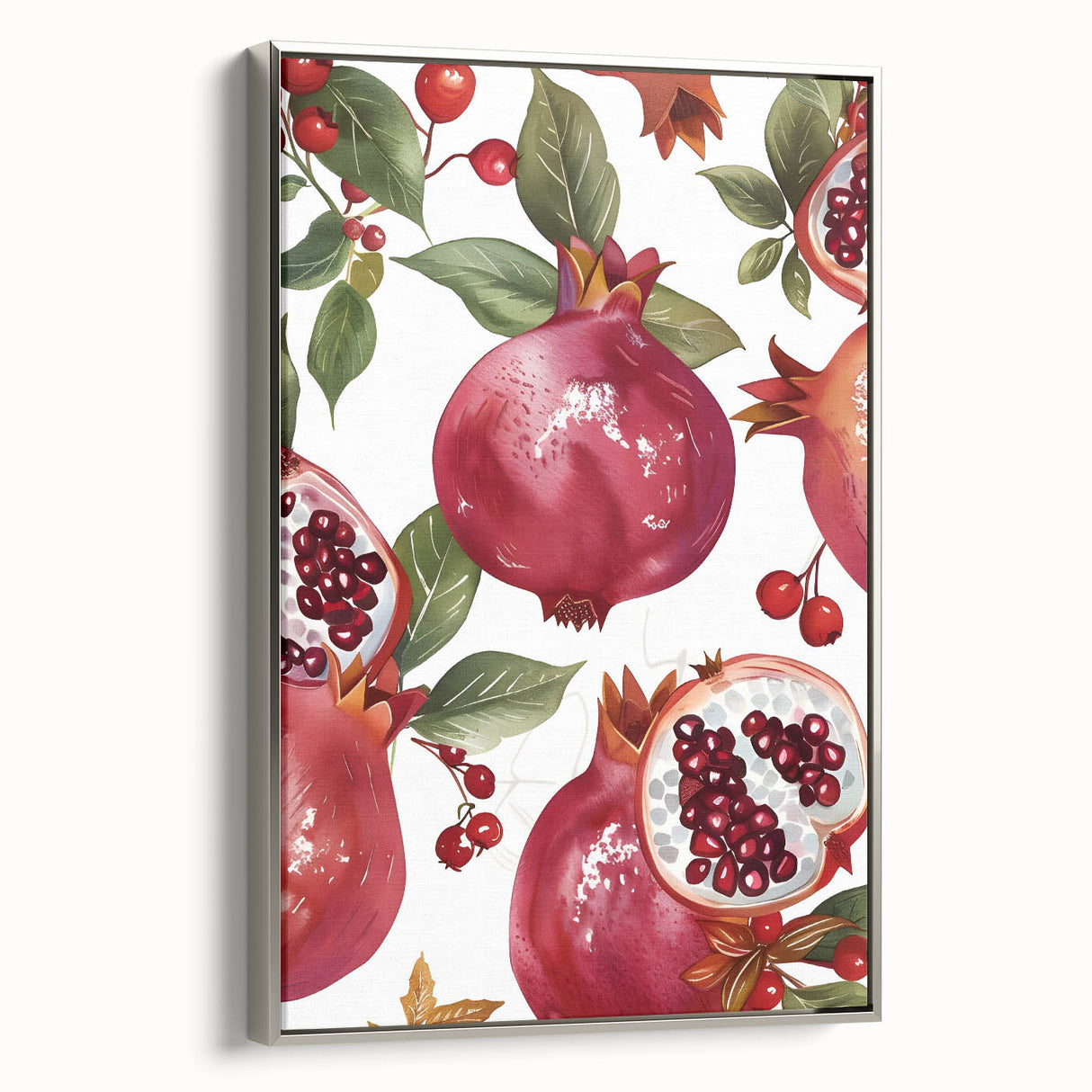 Framed canvas depicting a colorful array of fruits in a vintage poster style, suitable for kitchen decor.