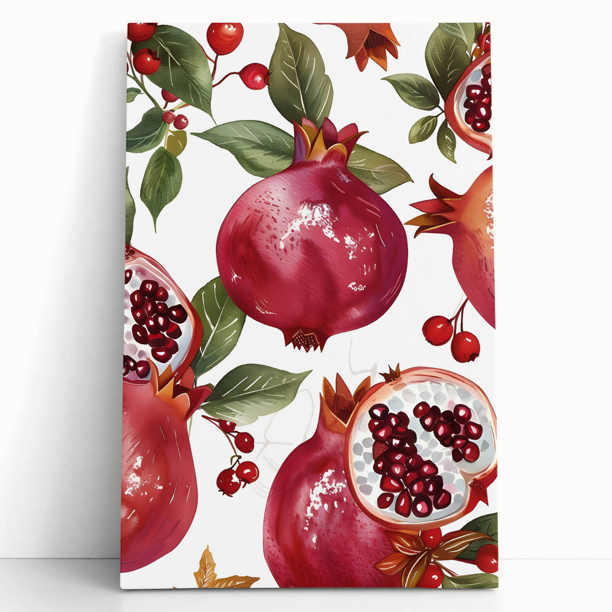 Black and white photographic print of assorted fruits on a stretched canvas, ideal for kitchen wall art.