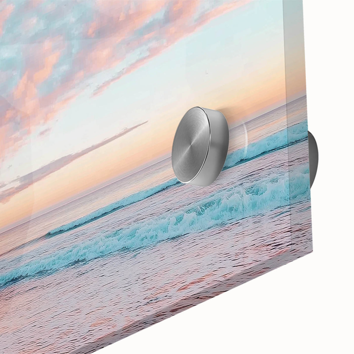 Acrylic glass artwork depicting a serene beach landscape, showcasing vibrant colors and intricate details, perfect for coastal home decor enthusiasts.