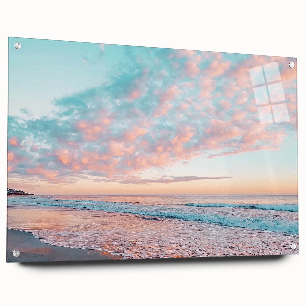 Acrylic glass landscape artwork showcasing a serene beach scene, featuring vibrant colors and intricate details, framed with stylish pins for easy display.