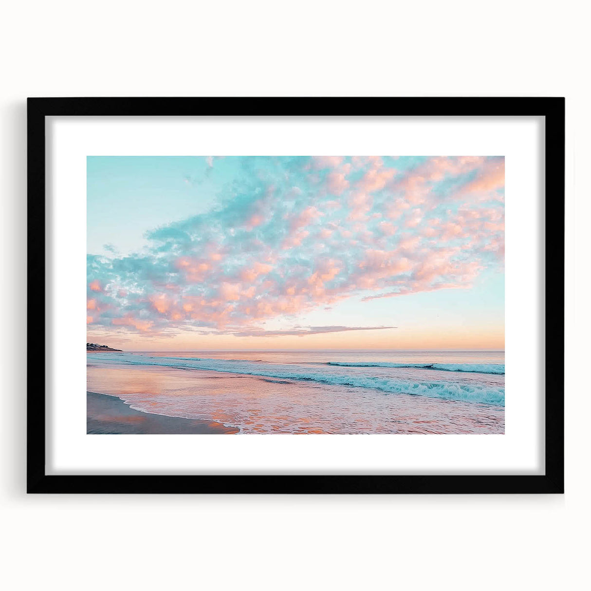 Framed landscape artwork showcasing a serene beach scene with vibrant colors, set in a sleek black frame and mat, perfect for home decor enhancement.