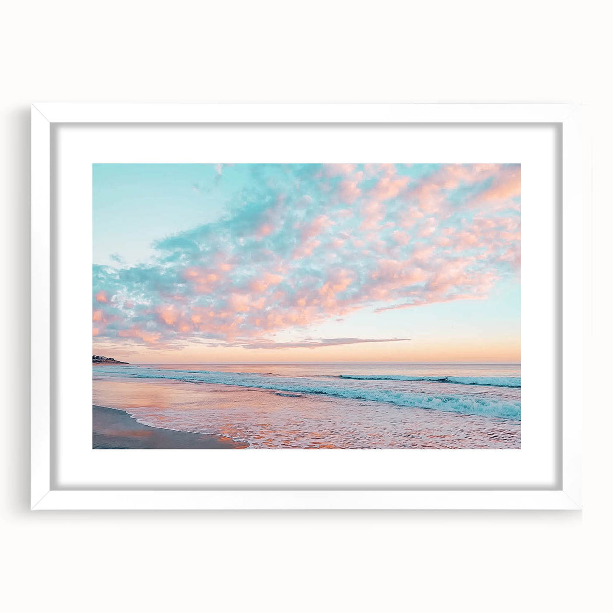 Landscape photo frame featuring a white mat, showcasing a serene beach scene with soft waves and golden sand, perfect for coastal home decor.