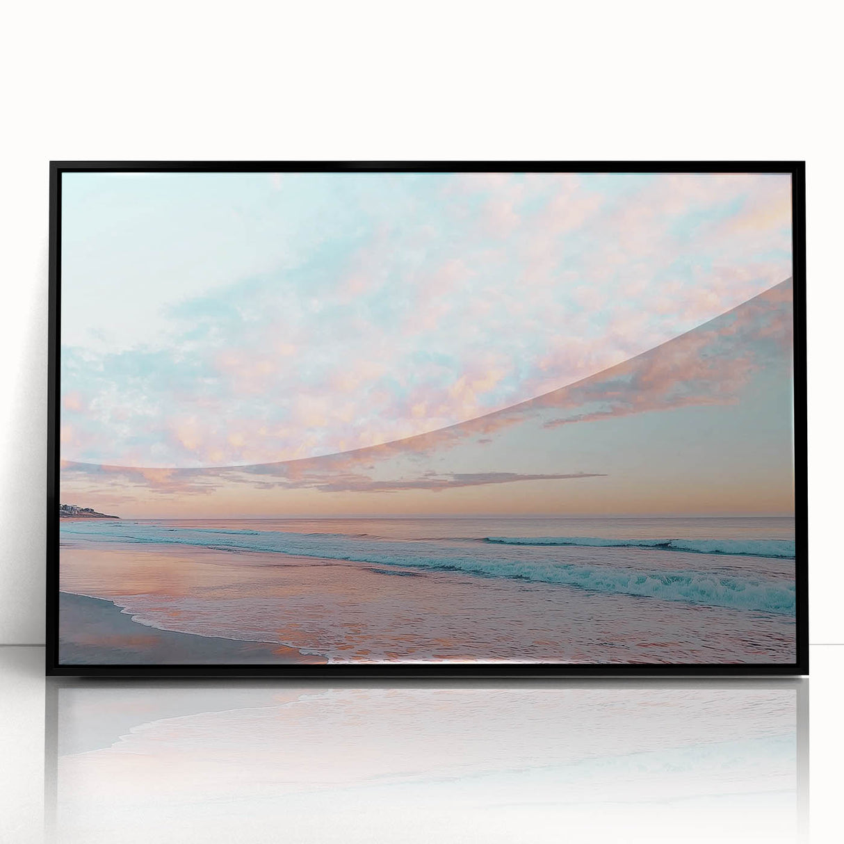 Framed acrylic artwork showcasing a serene beach landscape with vibrant colors, set in a sleek black frame, perfect for enhancing coastal-themed decor.