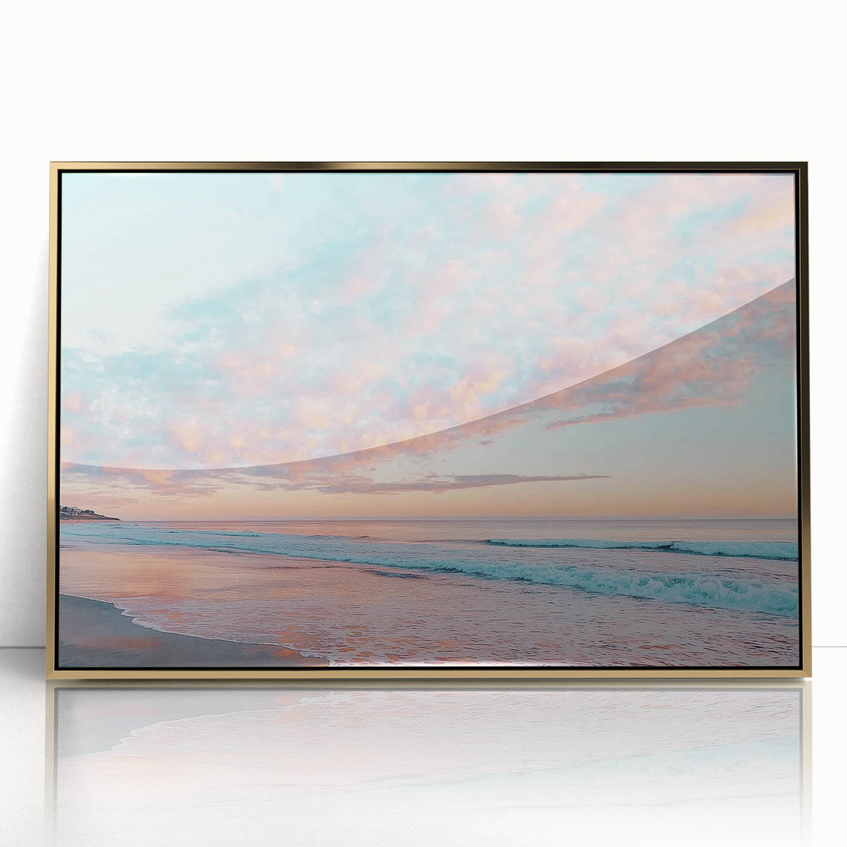 Framed acrylic artwork showcasing a serene beach landscape with golden hues, ideal for adding a calming atmosphere to home decor. Perfect for coastal theme enthusiasts.