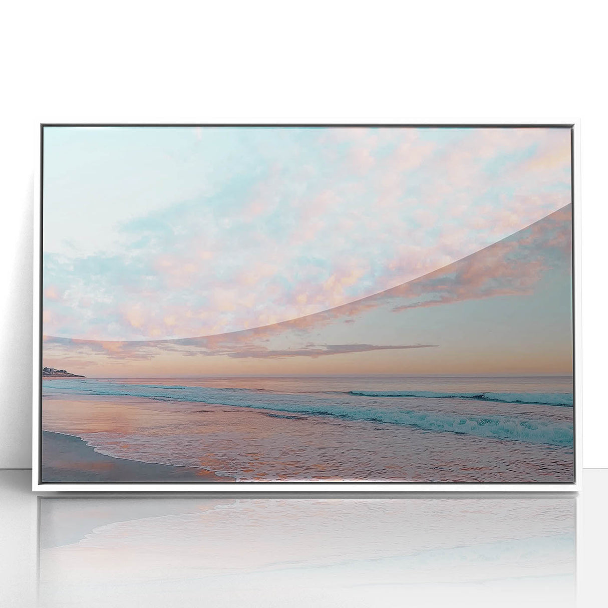 Framed acrylic artwork depicting a serene beach landscape with vibrant blue skies and golden sands, elegantly displayed in a white frame, perfect for coastal decor.