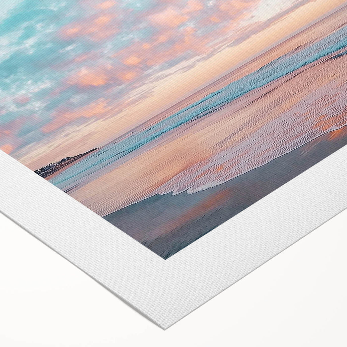 Vibrant rolled canvas artwork depicting a serene beach landscape with gentle waves, vibrant skies, and soft sands, packaged securely in a cardboard tube for safe delivery.