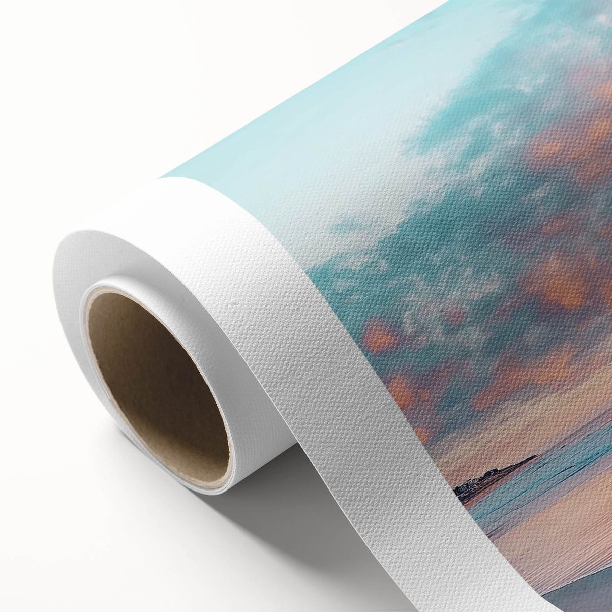 Vibrant rolled canvas artwork depicting a serene beach landscape with soft waves and a colorful sunset, perfect for home decor or office ambiance.