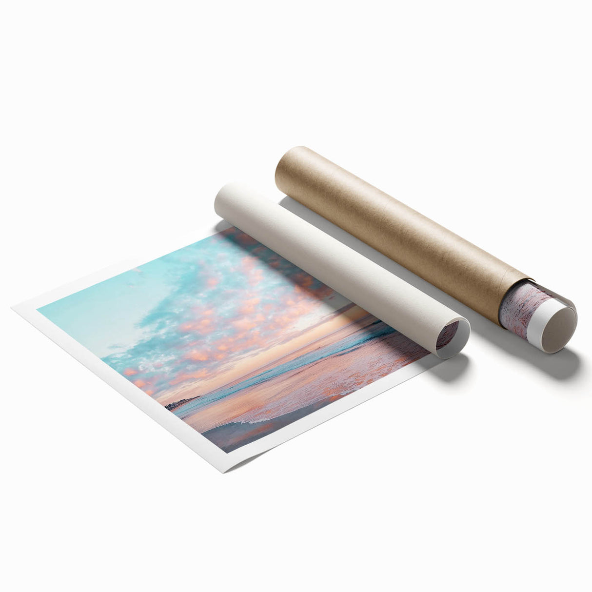 Vibrant rolled print of a serene beach landscape, showcasing golden sands and turquoise waters, elegantly packaged in a protective cardboard tube.