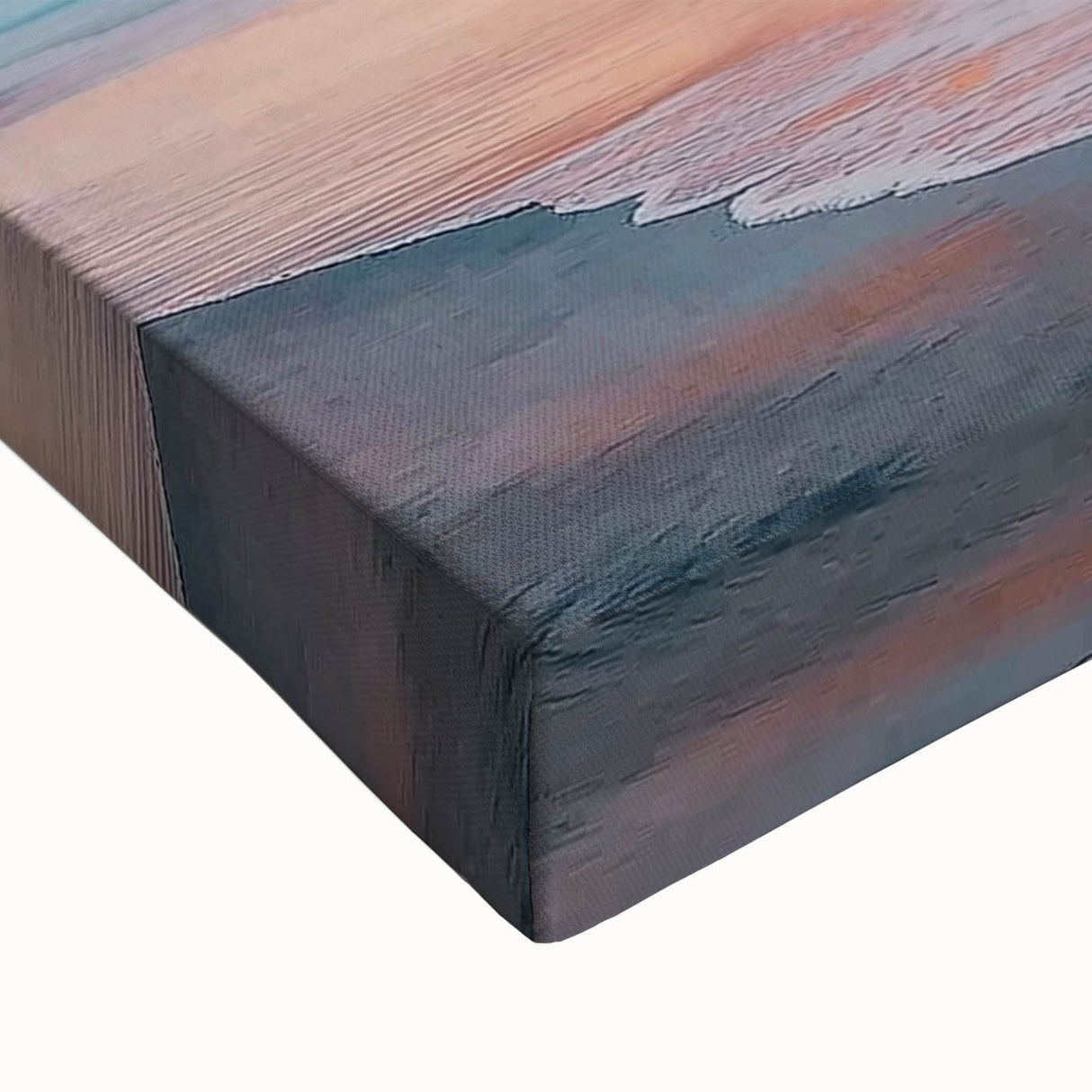 Close-up of a stretched canvas artwork depicting a serene beach landscape, featuring vibrant colors and detailed textures that evoke tranquility and relaxation. Ideal for home decor enthusiasts seeking coastal-themed art.