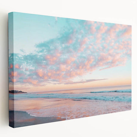 Vibrant landscape canvas art depicting serene beach scenery, showcasing vivid blues and sandy tones, ideal for coastal-themed home decor. Stretched for easy hanging.