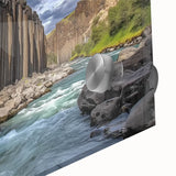 Close-up view of a vibrant acrylic glass artwork depicting colorful canyons, showcasing intricate details and rich textures, perfect for modern home decor.