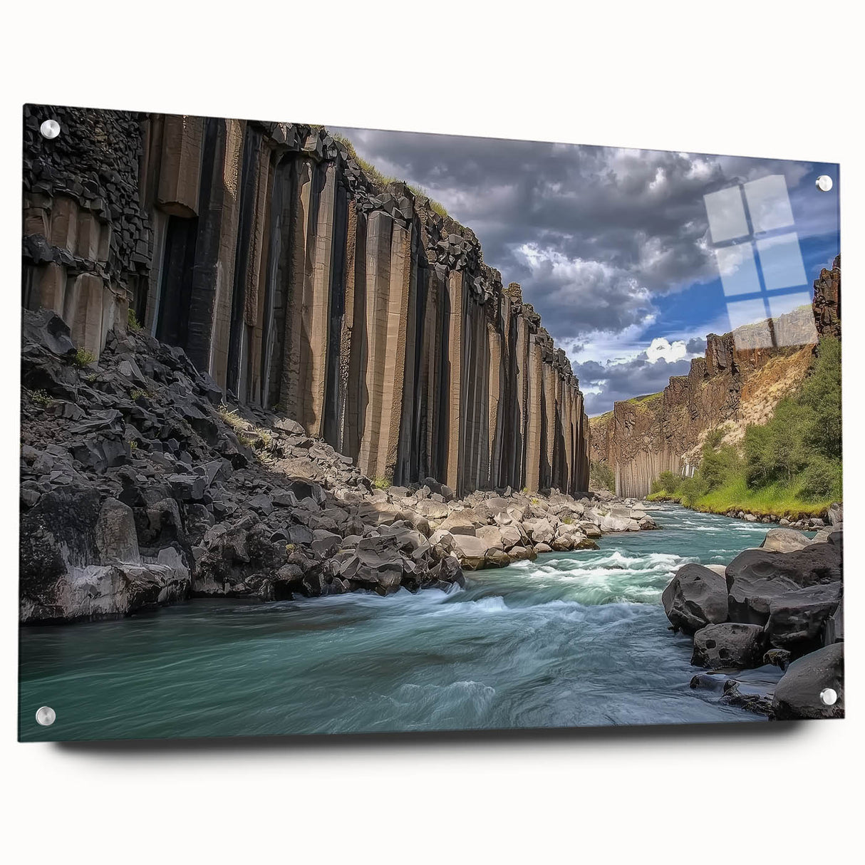 Acrylic glass artwork depicting a vibrant landscape of canyons with a side view, featuring clear pins for mounting, ideal for enhancing modern home decor.
