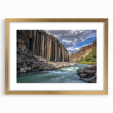 Landscape art print featuring a stunning canyon scene with a gold frame and mat, ideal for home decor and enhancing interior aesthetics.