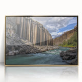 Framed acrylic artwork depicting a stunning landscape of canyons, featuring rich earthy tones and gold accents, perfect for enhancing modern home decor.