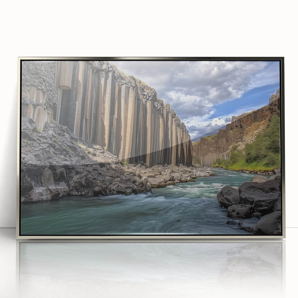 Framed acrylic artwork showcasing a stunning landscape of canyons in vibrant colors, ideal for modern home decor. This piece adds depth and natural beauty to any interior space.