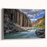 Framed canvas artwork depicting a stunning landscape of canyons in vibrant colors, showcasing intricate details, with a sleek silver frame enhancing its modern aesthetic. Ideal for home decor enthusiasts seeking nature-inspired art.
