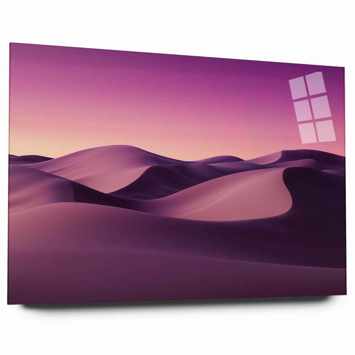 Desert landscape acrylic glass art piece showcasing vibrant colors and intricate details, designed for modern home decor, viewed from the side without pins.