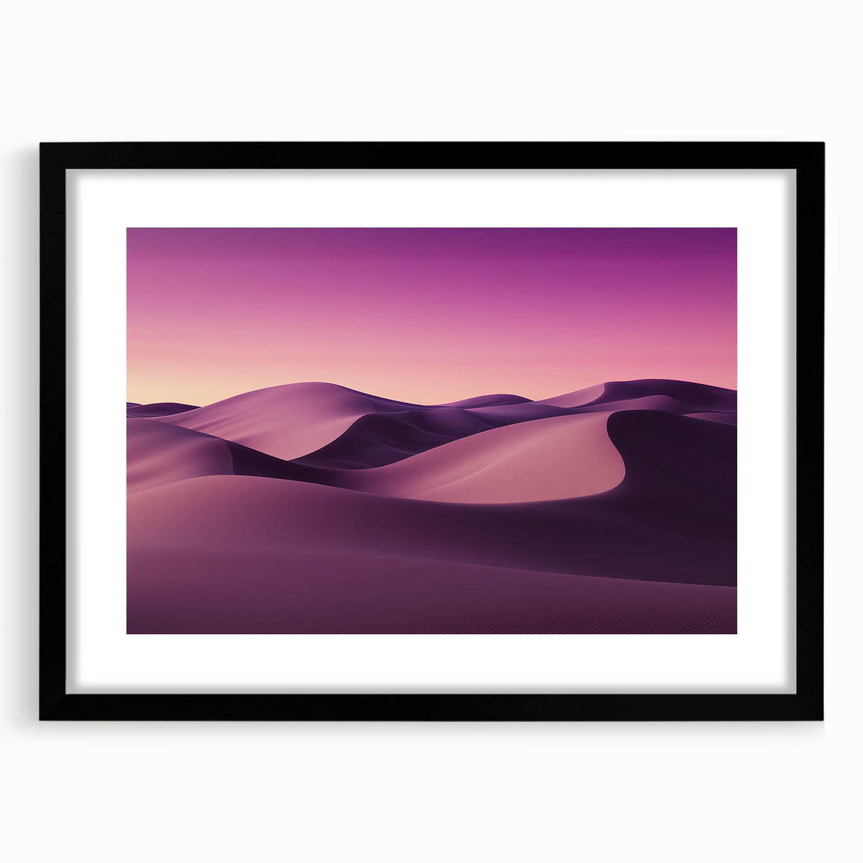 Black-framed landscape artwork showcasing a serene desert scene, featuring warm earth tones and a minimalist design, ideal for modern home decor accents.