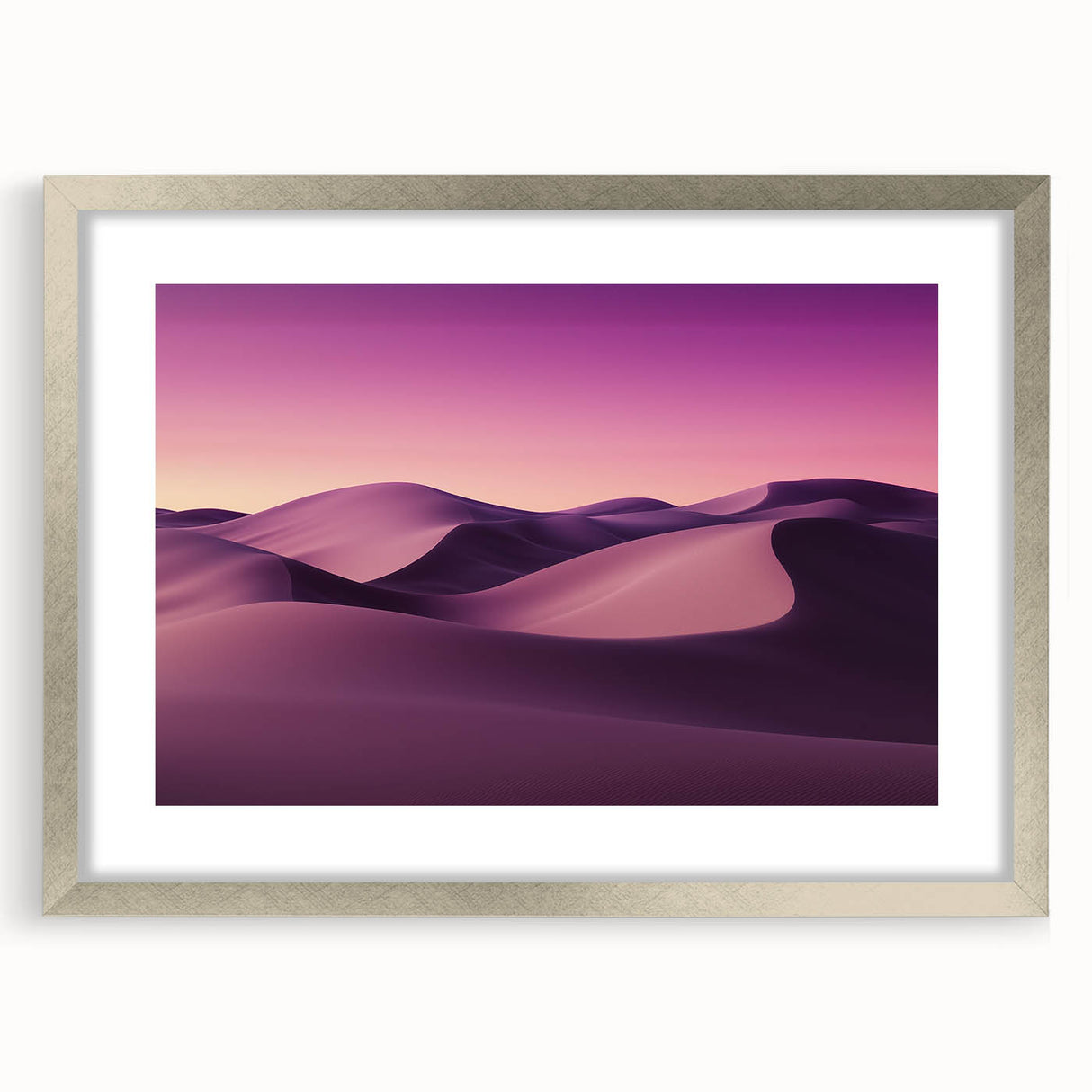 Elegant silver-framed landscape artwork depicting a tranquil desert scene, featuring soft hues of beige and gold, complemented by a white mat. Perfect for enhancing home decor.