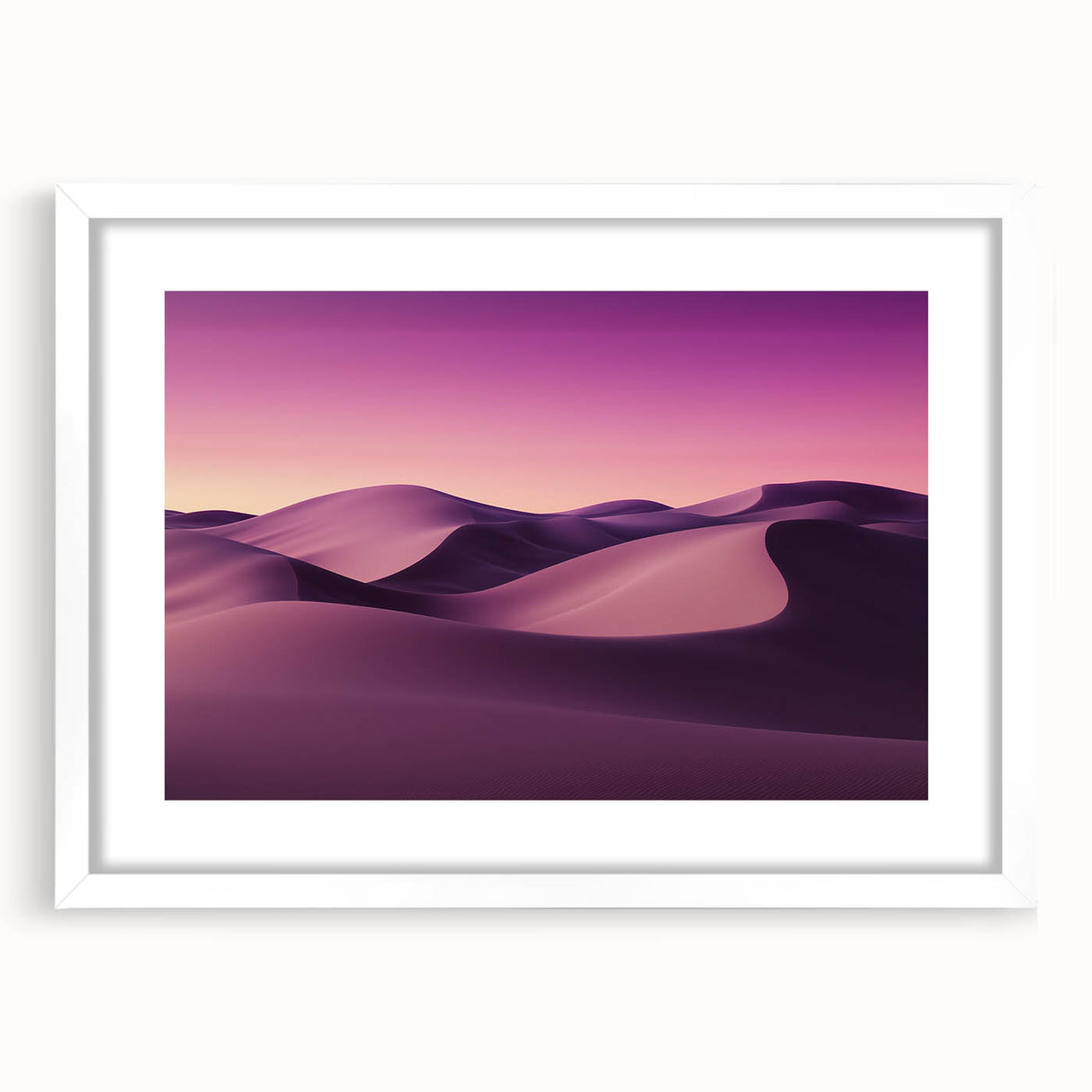 Desert landscape framed art print with a white mat, showcasing vibrant colors and intricate details, perfect for home decor or office wall enhancement.