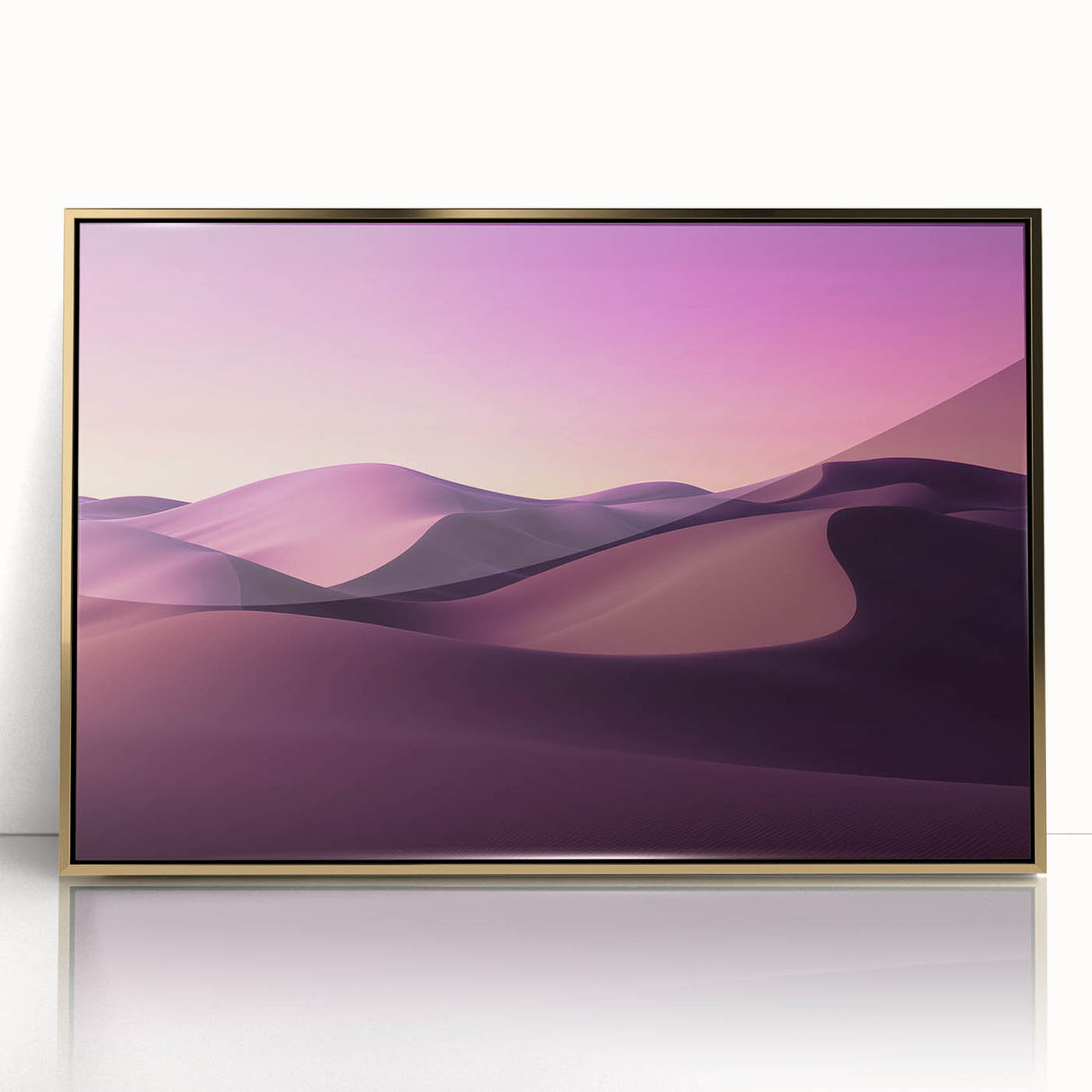 Framed acrylic artwork showcasing a stunning desert landscape with gold accents, ideal for home decor. The vibrant colors and intricate details enhance any modern living space.